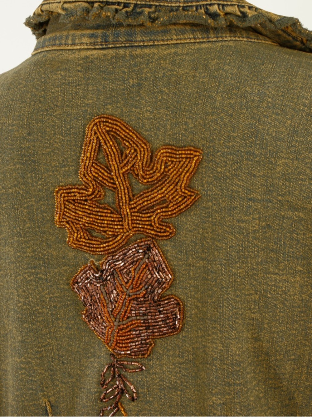 Vintage 2000s Y2K Floral Leaf Beaded Embroidered Flare Sleeve Demin Jean Jacket - Picture 4 of 9